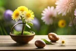 Pascua de Resurrección flores en un cesta. generado por ai foto