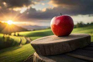 un manzana se sienta en parte superior de un de madera tocón en frente de un puesta de sol. generado por ai foto