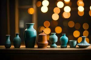 a row of vases on a wooden shelf. AI-Generated photo