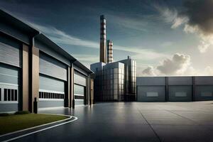 a factory building with two large doors and a chimney. AI-Generated photo