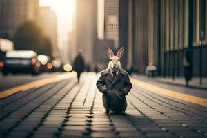 a rabbit in a suit and tie sitting on the street. AI-Generated photo