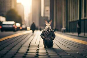 un Conejo en un traje y Corbata sentado en el calle. generado por ai foto