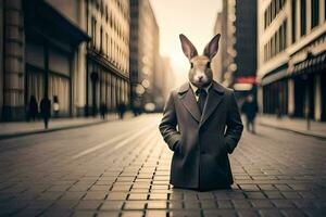 a rabbit wearing a suit and tie on the street. AI-Generated photo