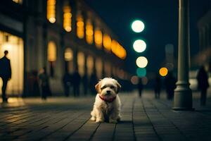 a small dog sitting on the sidewalk at night. AI-Generated photo