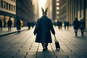 a rabbit wearing a coat and carrying a suitcase walks down a city street. AI-Generated photo