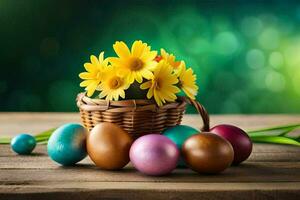 easter eggs in a basket with yellow flowers on a wooden table. AI-Generated photo