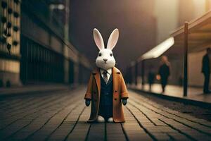 a rabbit in a suit and tie standing on a street. AI-Generated photo
