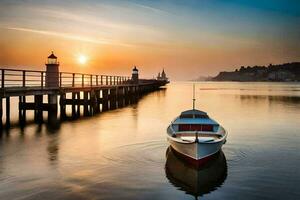 un barco se sienta en el agua a puesta de sol. generado por ai foto