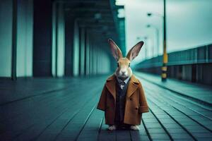 a rabbit wearing a suit and tie on a walkway. AI-Generated photo