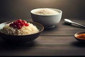two bowls of rice with cherries on top. AI-Generated photo