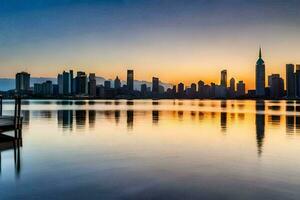 el ciudad horizonte es reflejado en el agua a puesta de sol. generado por ai foto