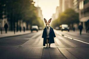 un Conejo vistiendo un Saco y Corbata en pie en un calle. generado por ai foto