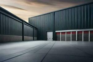 a large warehouse with two doors and a sky background. AI-Generated photo