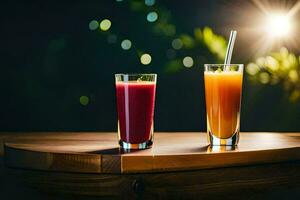 two glasses of juice on a wooden table. AI-Generated photo