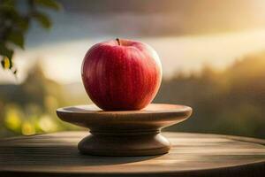 an apple sits on top of a wooden stand. AI-Generated photo