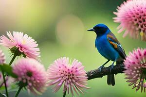 a blue bird sits on a branch with pink flowers. AI-Generated photo