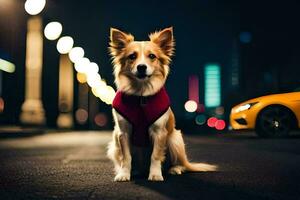 a dog wearing a red vest sitting on the street at night. AI-Generated photo
