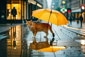 a cat is standing on a wet street with an umbrella. AI-Generated photo