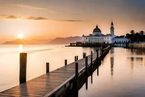 the sun sets over a mosque and pier. AI-Generated photo