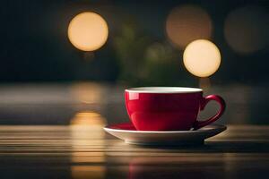 a red cup and saucer on a wooden table. AI-Generated photo