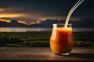 a glass of orange juice with a straw. AI-Generated photo