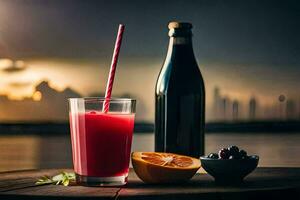 un vaso de jugo con un Paja y un botella de vino. generado por ai foto