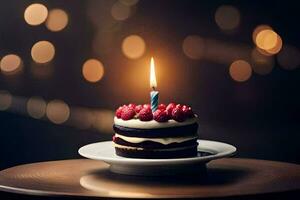 a birthday cake with a lit candle. AI-Generated photo