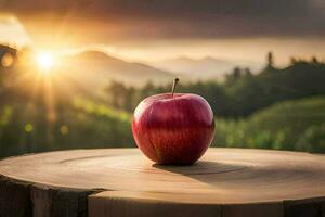 un manzana se sienta en parte superior de un tocón en frente de un puesta de sol. generado por ai foto