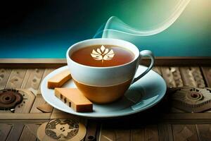 a cup of tea with a leaf on it. AI-Generated photo