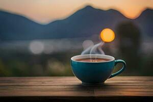 a cup of tea on a wooden table with mountains in the background. AI-Generated photo