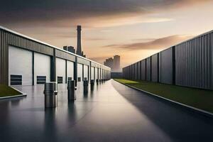 un largo fila de industrial edificios con un puesta de sol en el antecedentes. generado por ai foto