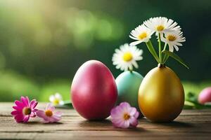 Pascua de Resurrección huevos y margaritas en un florero en un de madera mesa. generado por ai foto