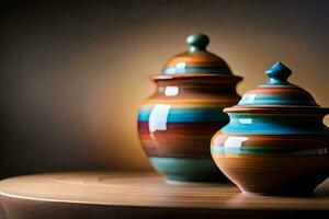 two colorful ceramic jars sitting on a table. AI-Generated photo