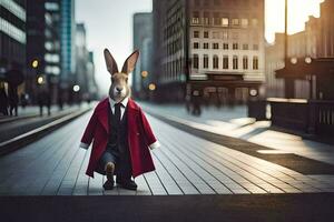 a rabbit dressed in a red coat and tie standing on a street. AI-Generated photo