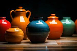 a group of colorful vases on a table. AI-Generated photo