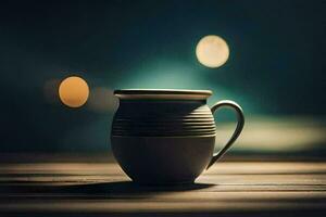 a coffee cup sitting on a table in front of a blurry background. AI-Generated photo