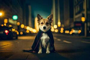 a dog dressed as a vampire sits on the street at night. AI-Generated photo