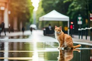 an orange cat sitting on the ground in the rain. AI-Generated photo