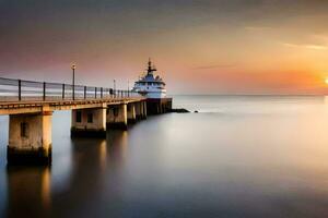 un faro a puesta de sol en un muelle. generado por ai foto