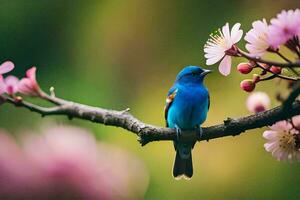 a blue bird is perched on a branch with pink flowers. AI-Generated photo