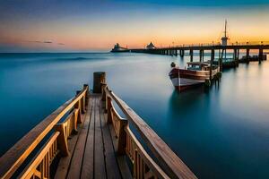 a boat docked at the pier at sunset. AI-Generated photo