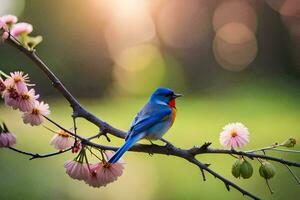 a blue bird sits on a branch with pink flowers. AI-Generated photo