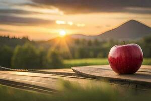 an apple sits on a wooden table in front of a sunset. AI-Generated photo