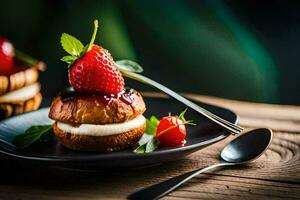 a plate with a dessert and strawberries on it. AI-Generated photo