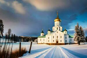 a church in the snow with a road leading to it. AI-Generated photo