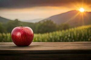 a red apple on a wooden table in front of a sunset. AI-Generated photo