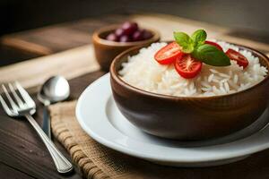 a bowl of rice with tomatoes and basil. AI-Generated photo