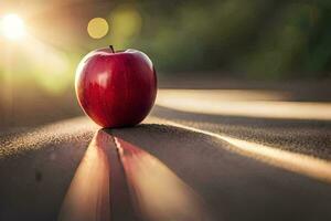 an apple is sitting on the ground in front of the sun. AI-Generated photo