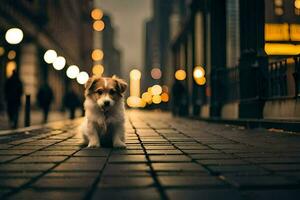 a small dog is standing on a brick road at night. AI-Generated photo