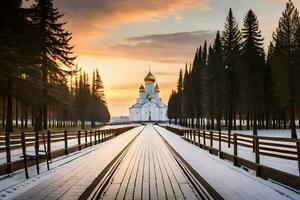 a snowy road leads to a church in the middle of a forest. AI-Generated photo